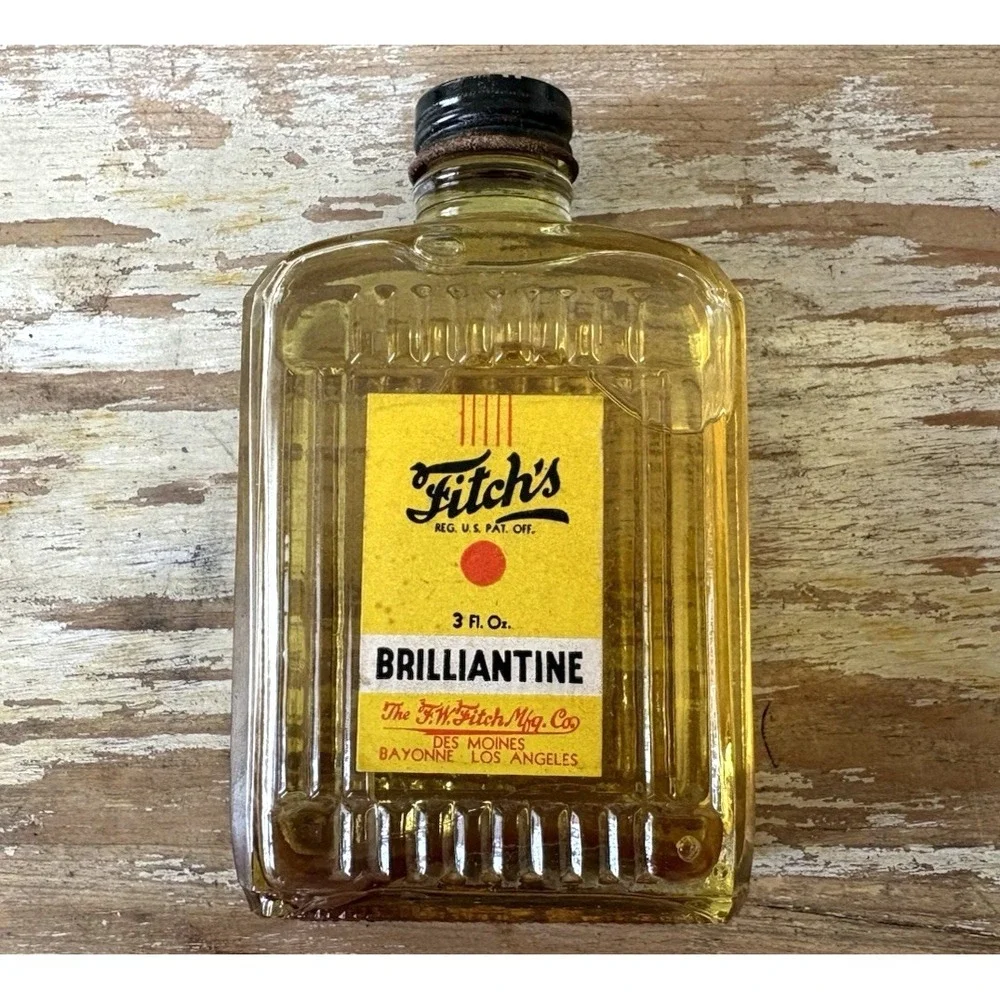 Vintage barber salon Fitch's Brilliantine & Ideal Hair Tonic glass bottles 1950s